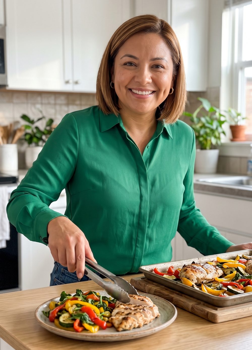 Mujer sonriente sirviendo pollo con verduras salteadas en una cocina ordenada.